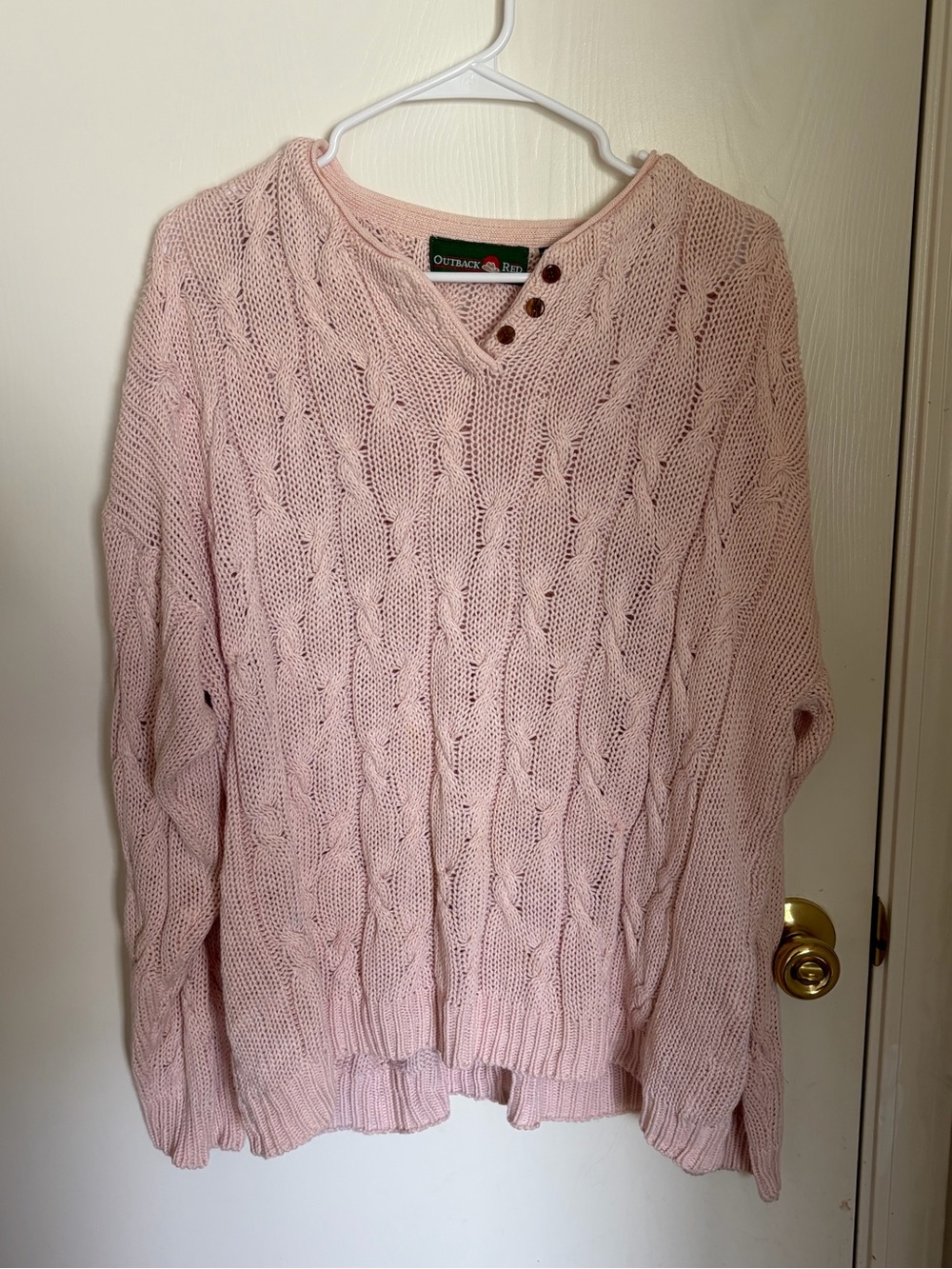 Outback Red Pale Pink Cable-Knit Button V-Neck Sweater